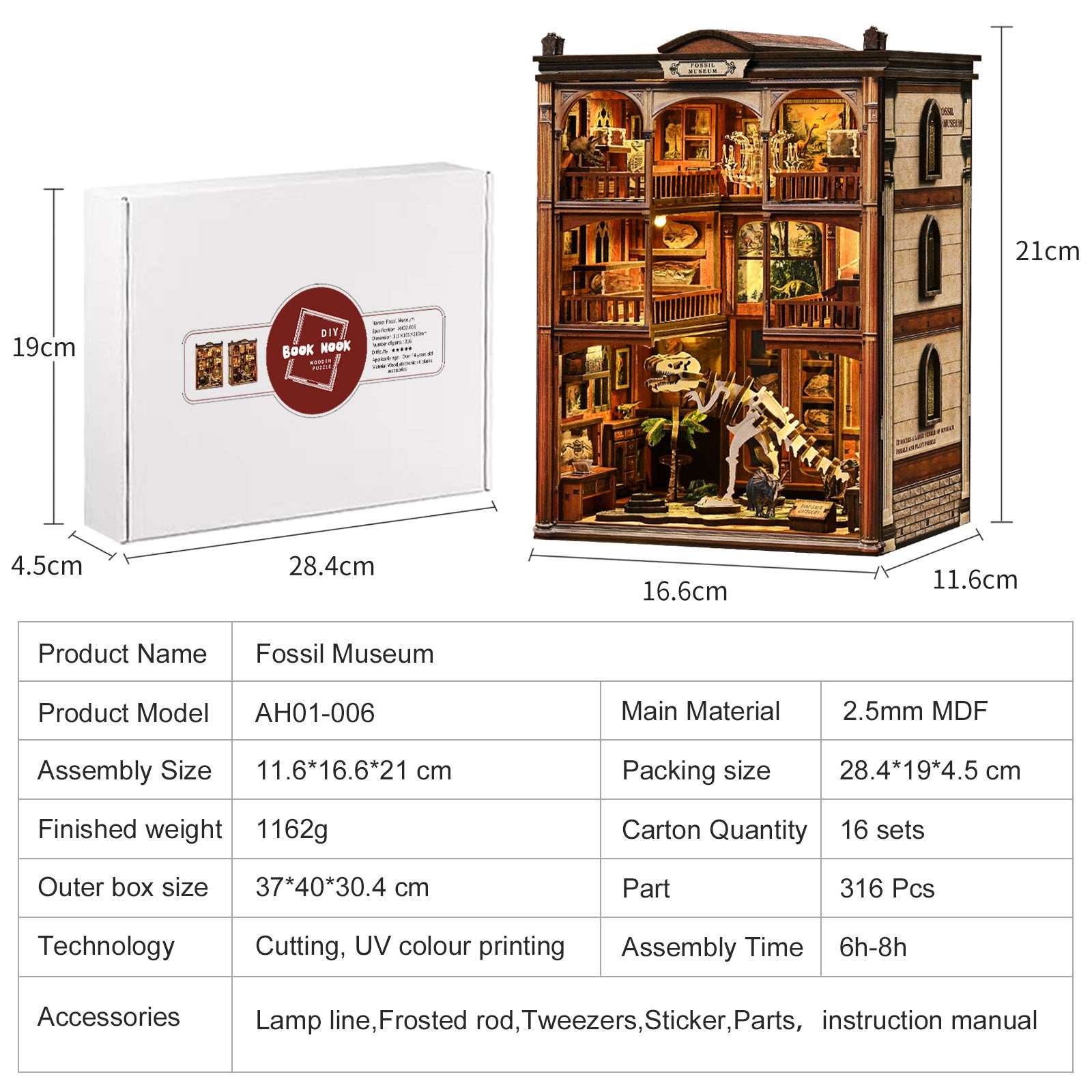 Mokiloy Dinosaur Fossil Museum Book Nook Kit – 3D Wooden Puzzle with LED Light