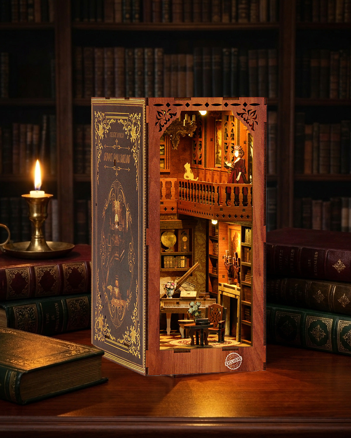 European Vintage Bookshop Miniature House DIY 3D Wooden Puzzle Kit with LED Lights