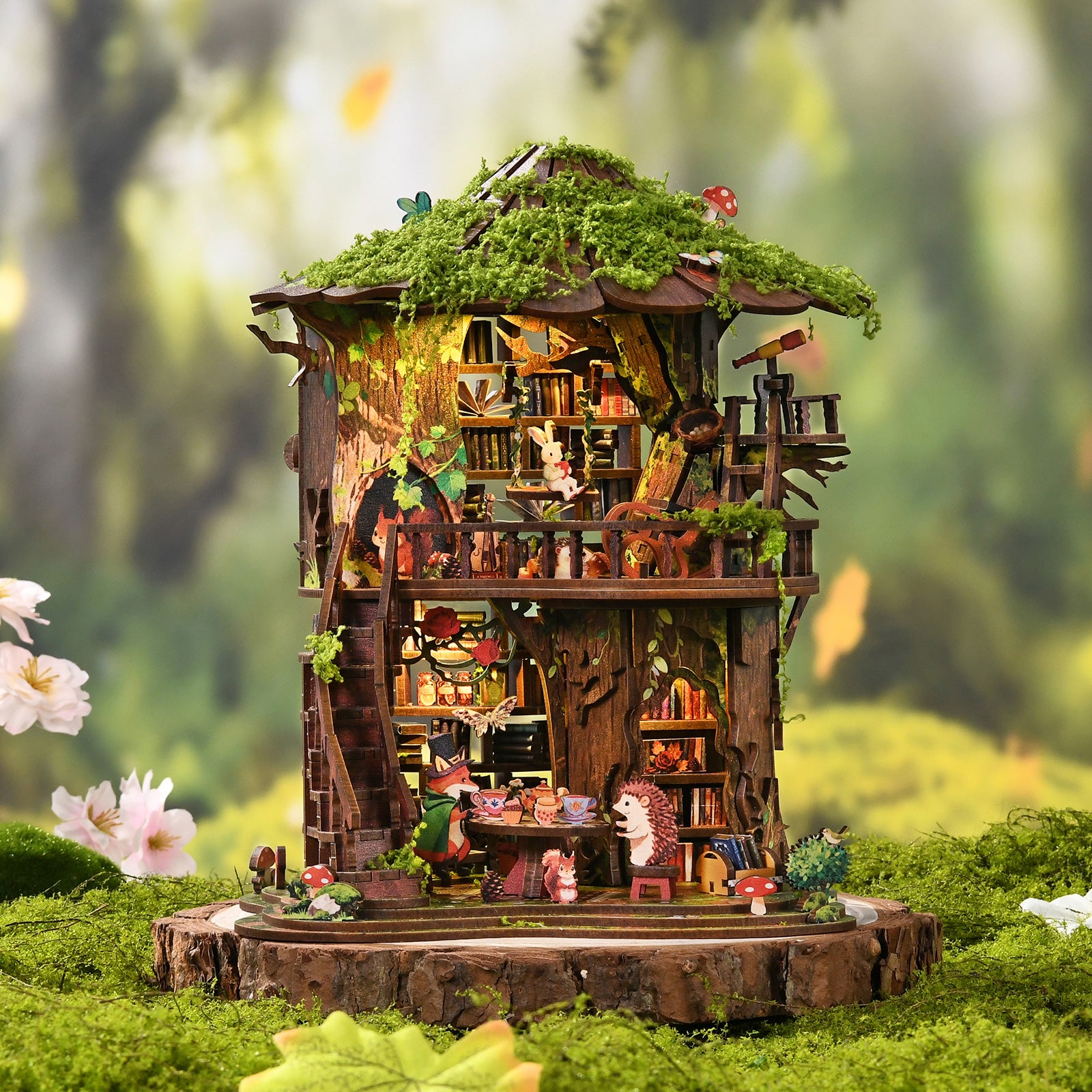 Mokiloy Forest Treehouse Book Nook Kit – 3D Wooden Puzzle with LED Light