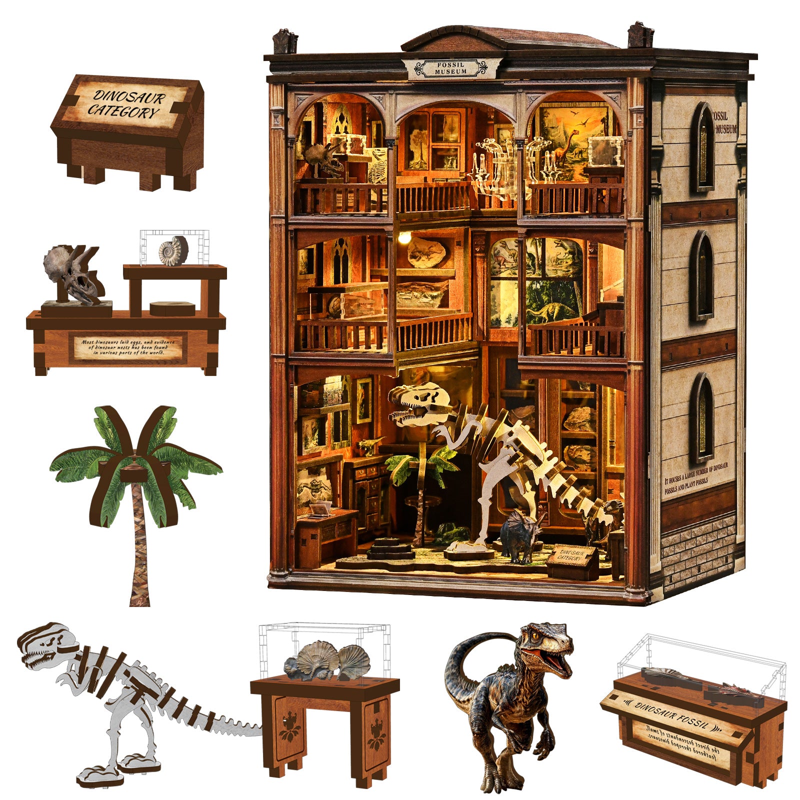 Mokiloy Dinosaur Fossil Museum Book Nook Kit – 3D Wooden Puzzle with LED Light