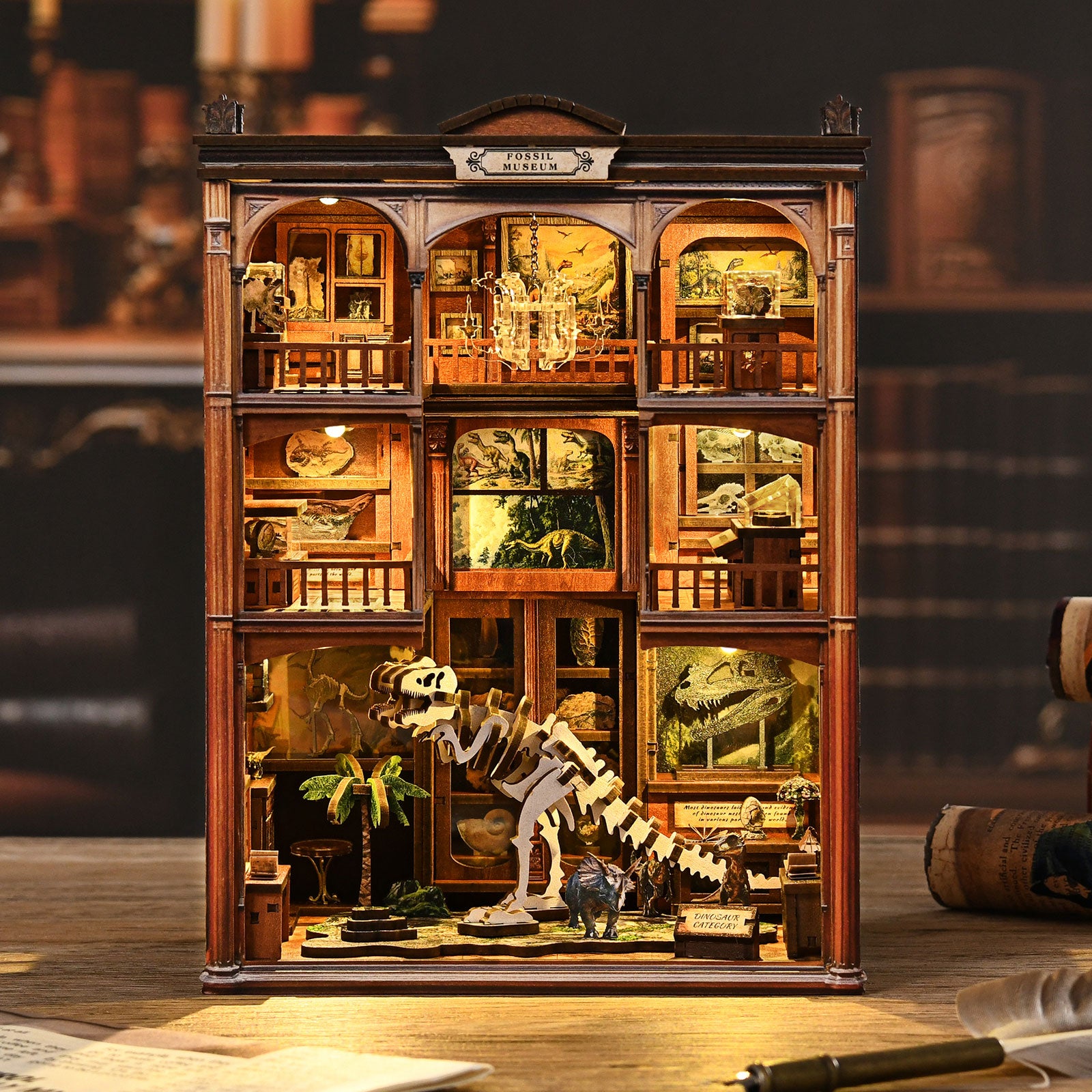 Mokiloy Dinosaur Fossil Museum Book Nook Kit – 3D Wooden Puzzle with LED Light