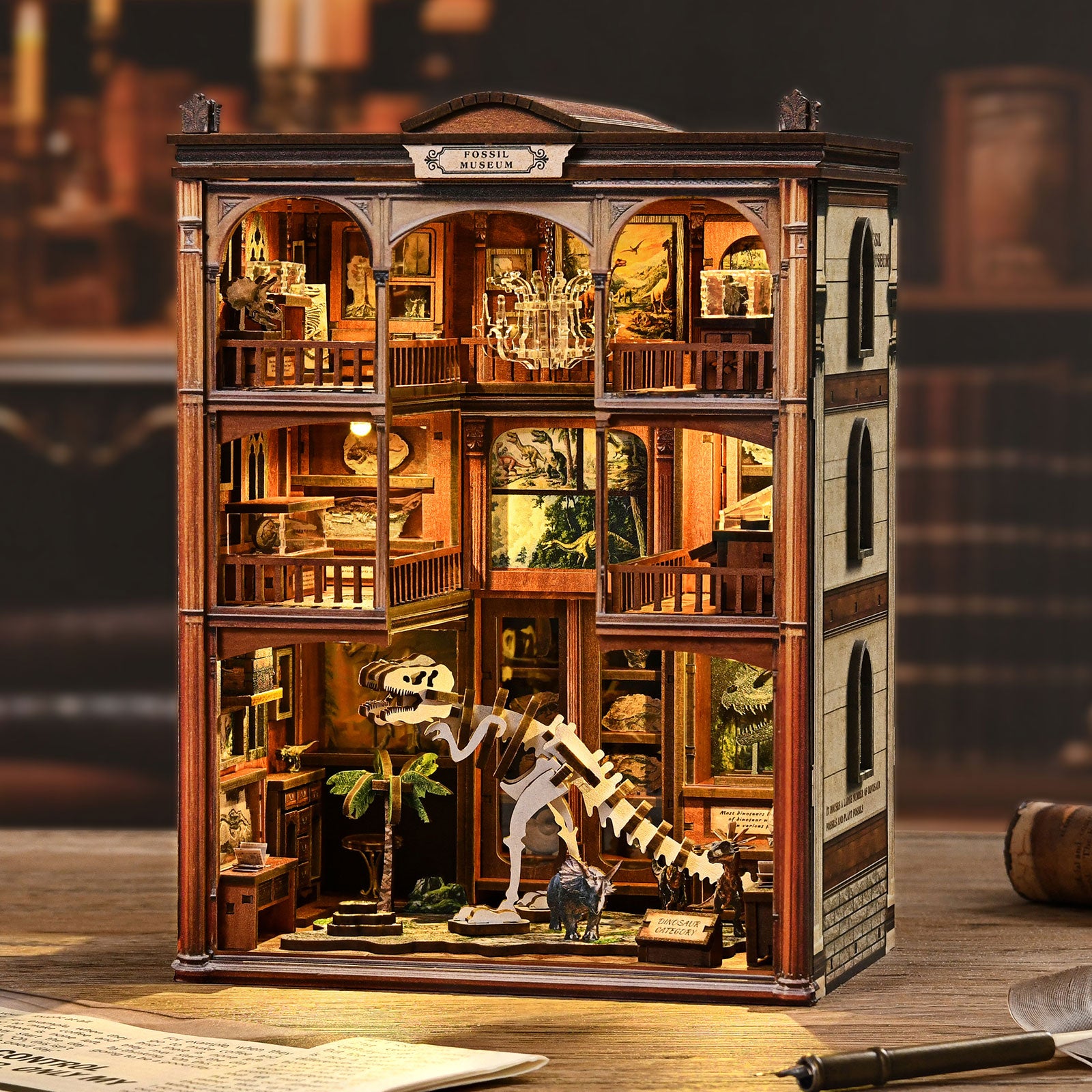 Mokiloy Dinosaur Fossil Museum Book Nook Kit – 3D Wooden Puzzle with LED Light