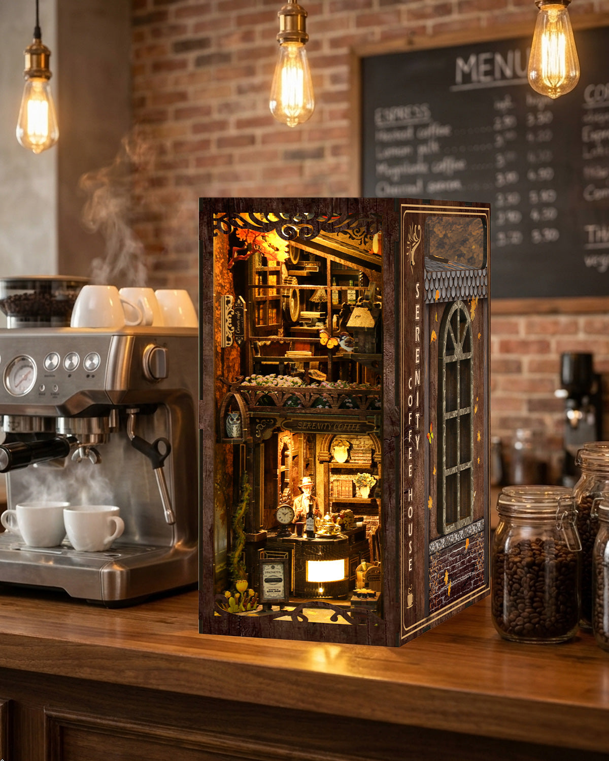 Vintage Café Book Nook with LED Lighting – Wooden DIY Diorama