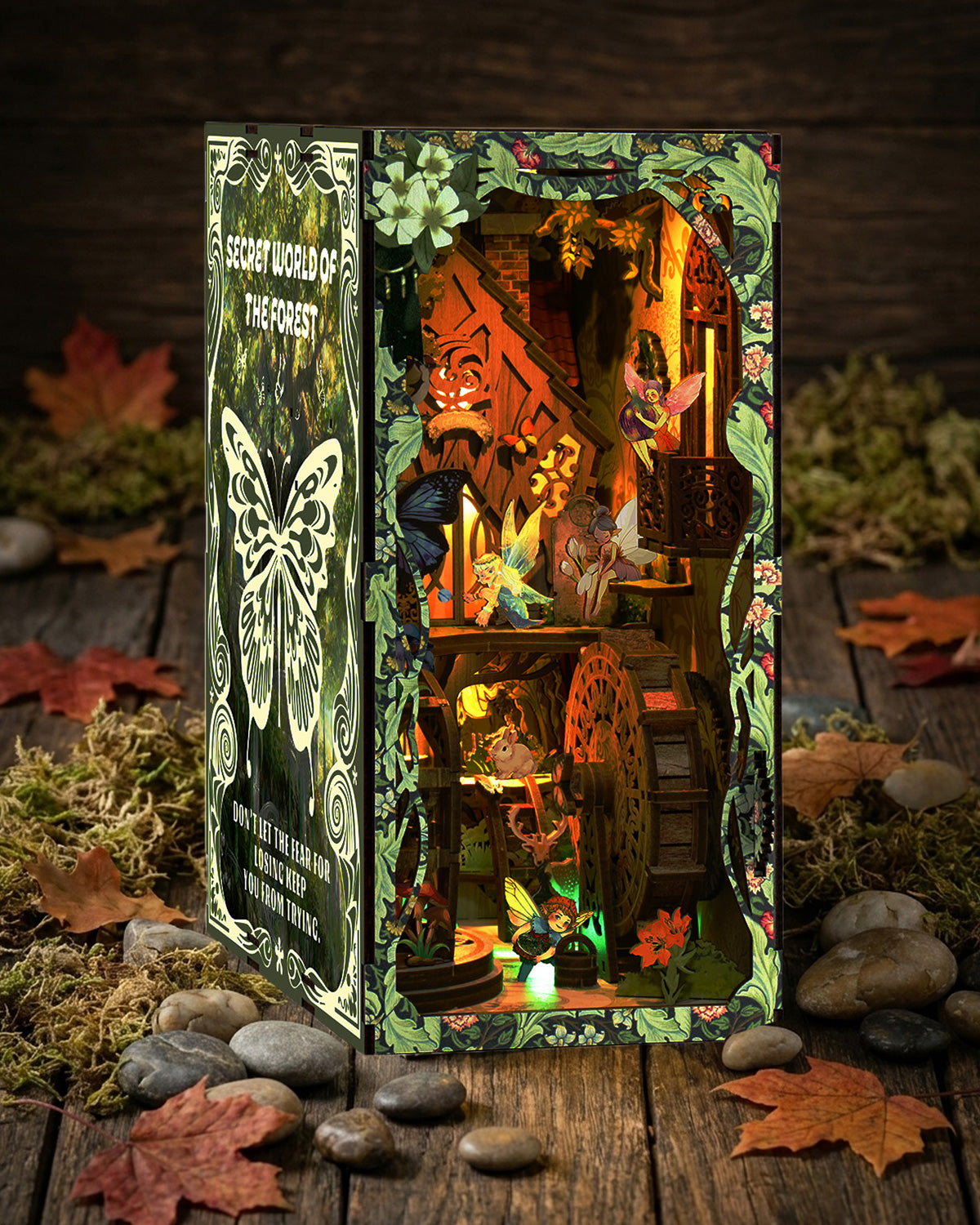 Secret Forest Book Nook – DIY 3D Wooden LED Model with Gear Drive.
