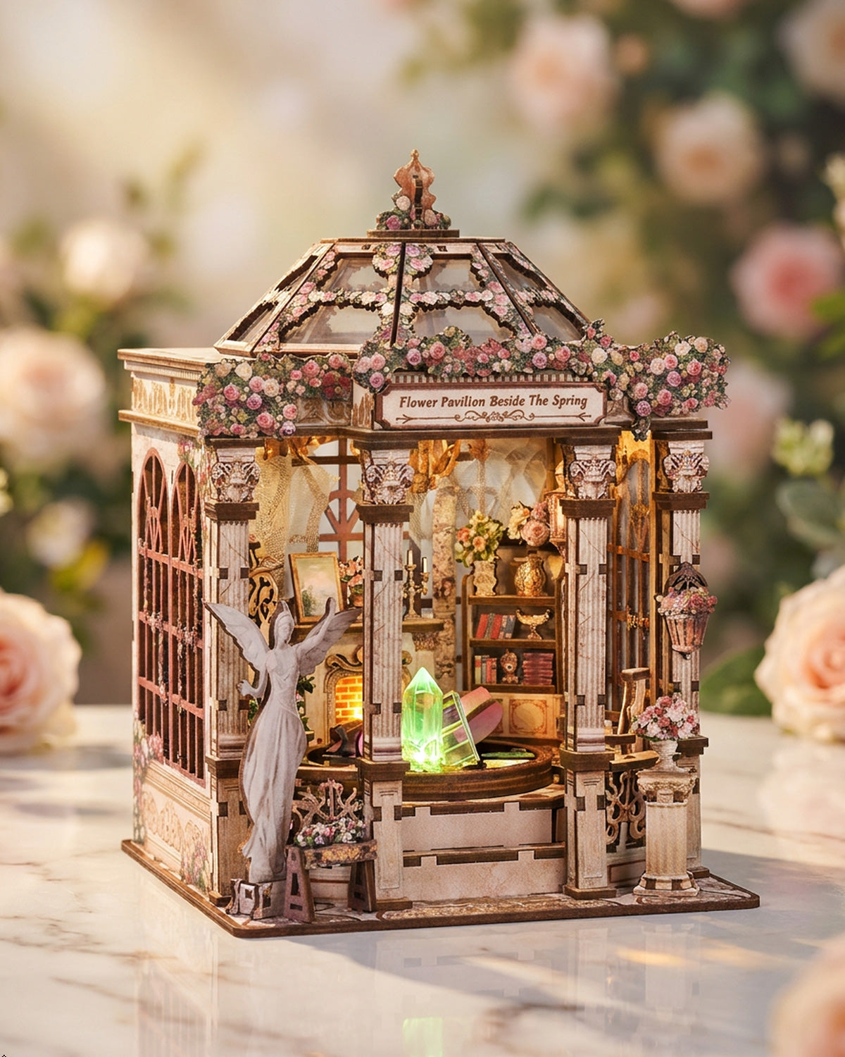 Flower Pavilion Spring Book Nook Kit | Garden Gazebo with LED Angel Statue