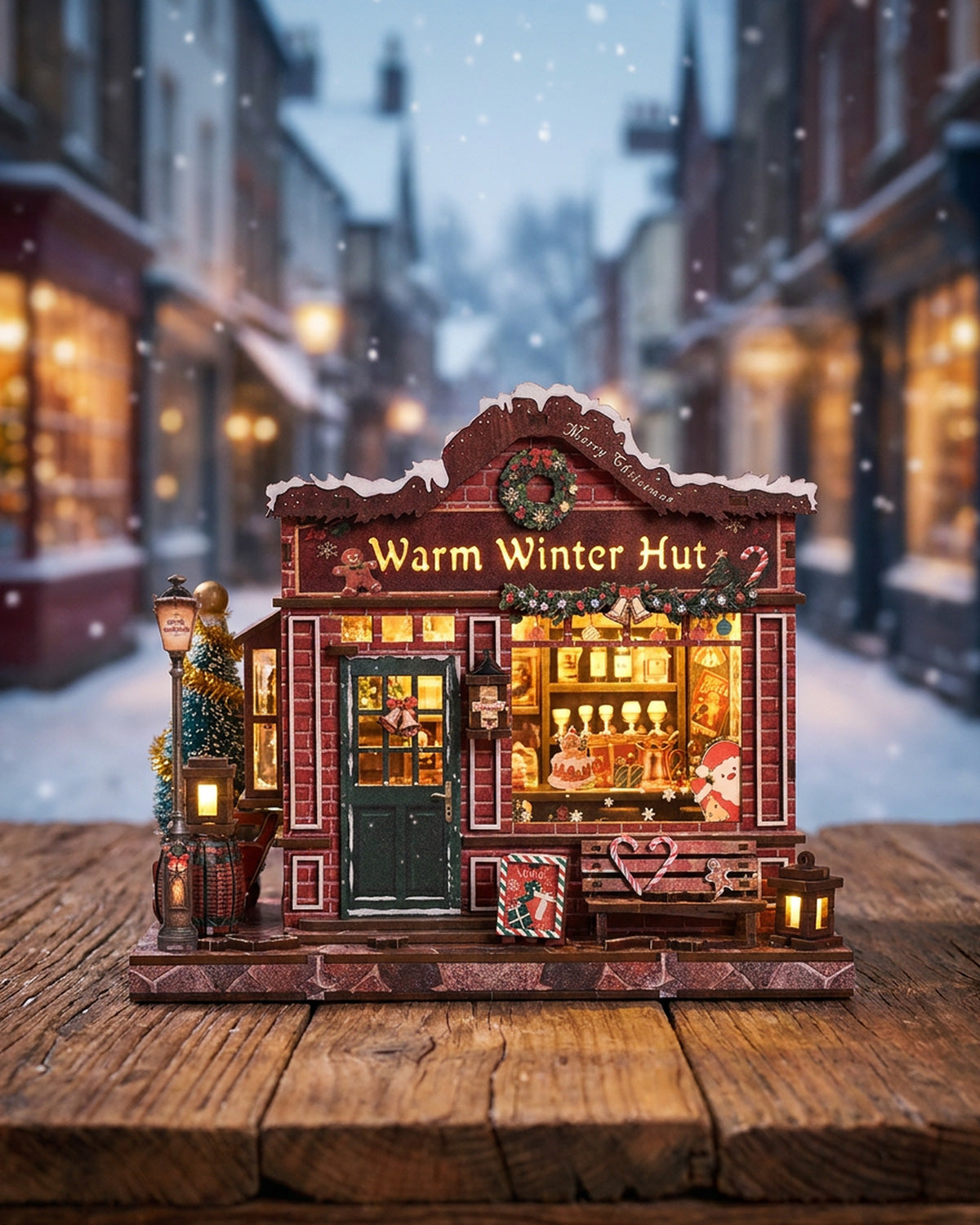 Warm Winter Hut DIY Christmas Village Kit | LED Snowy Cottage Bookshelf Diorama