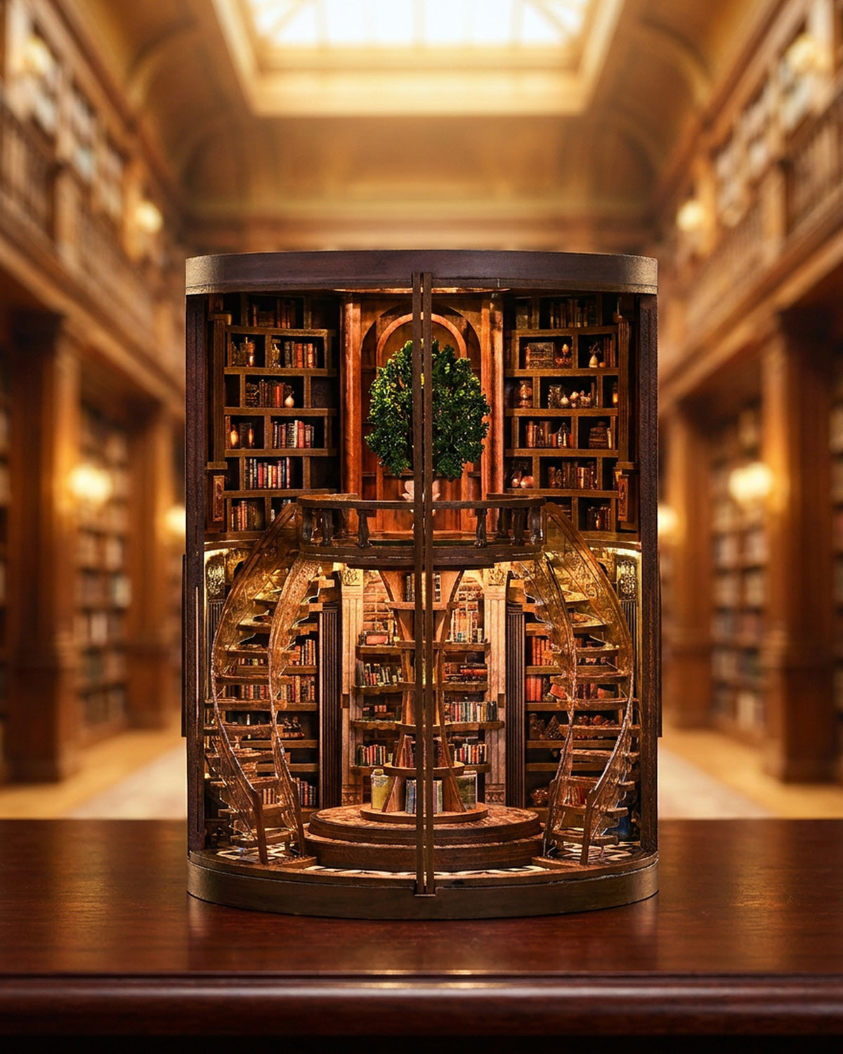 Wisdom Rings Book Nook – LED Rotating Tree, 360° Glass + Touch Switch