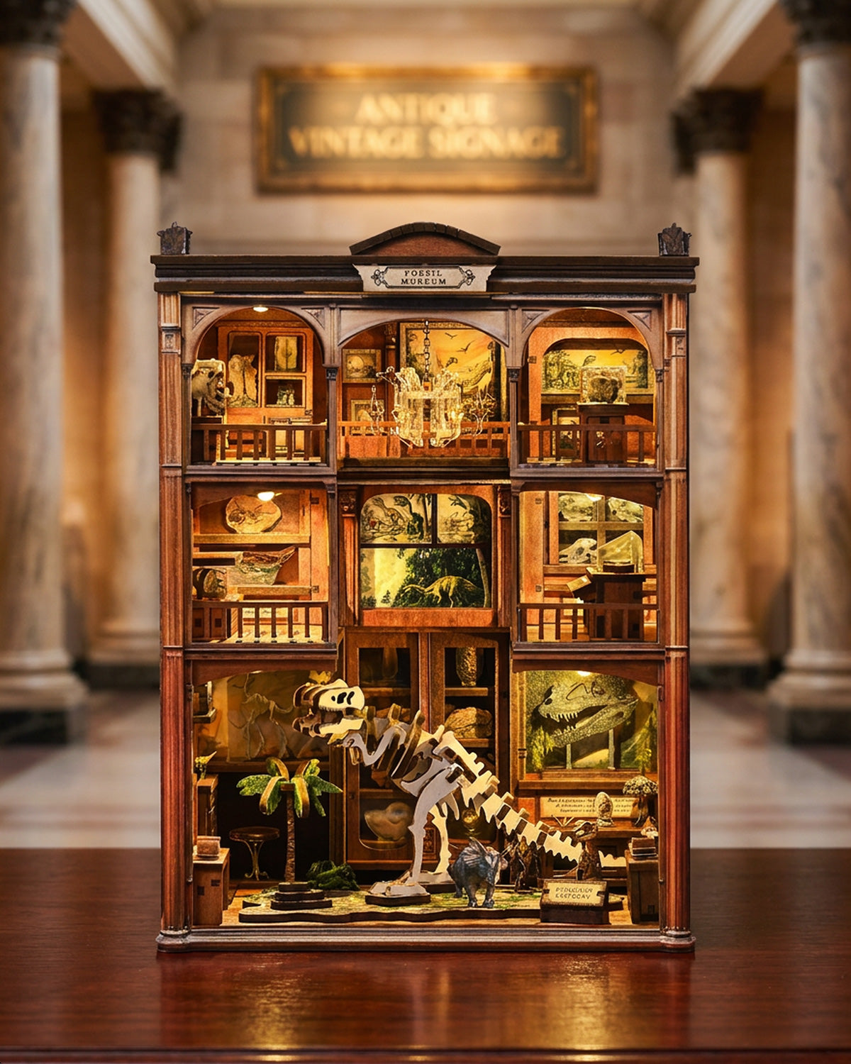 Fossil Museum DIY Book Nook – LED Dinosaur Skeleton with Touch & Crystal Ceiling Light