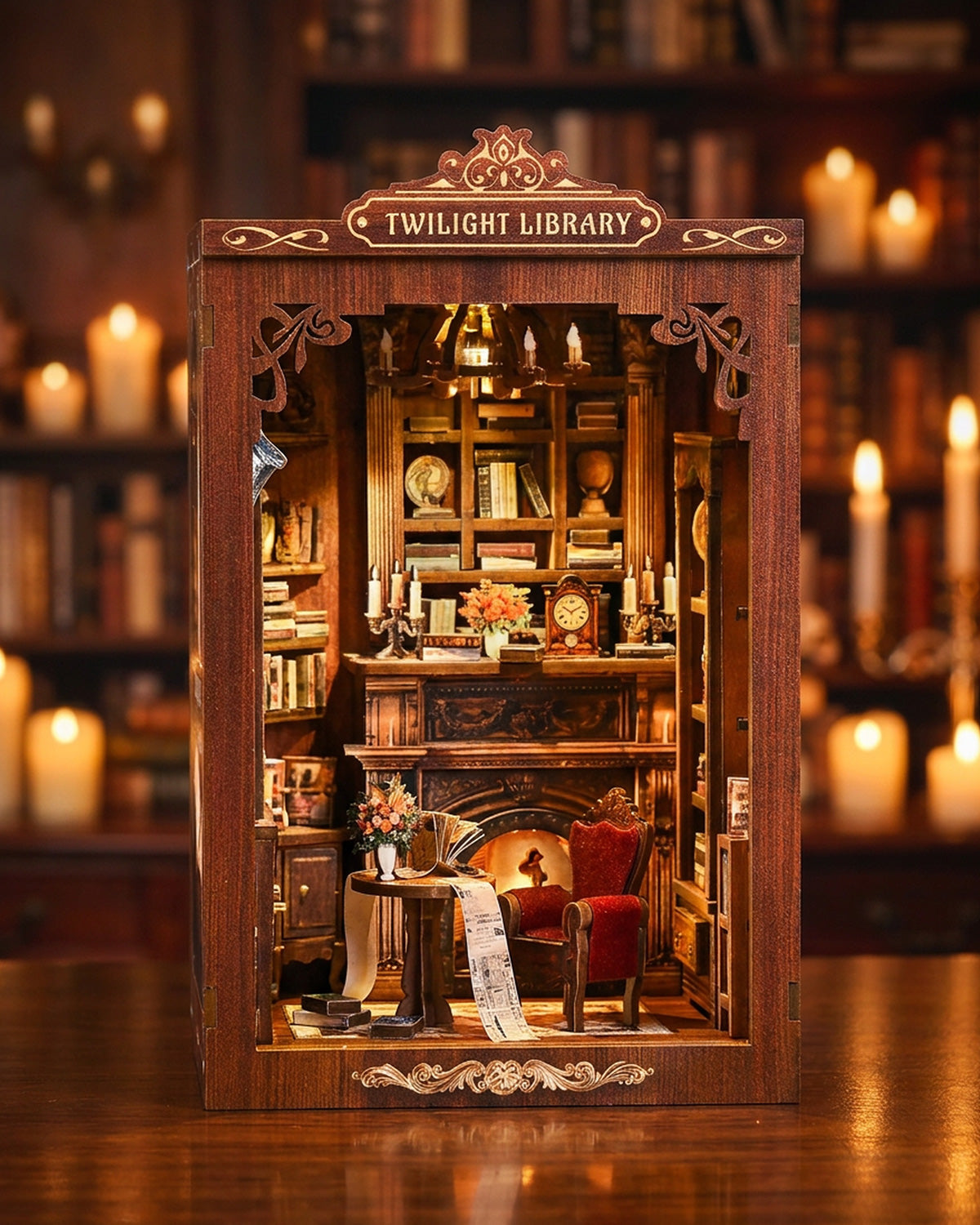 Twilight Library – LED Book Nook with Fireplace