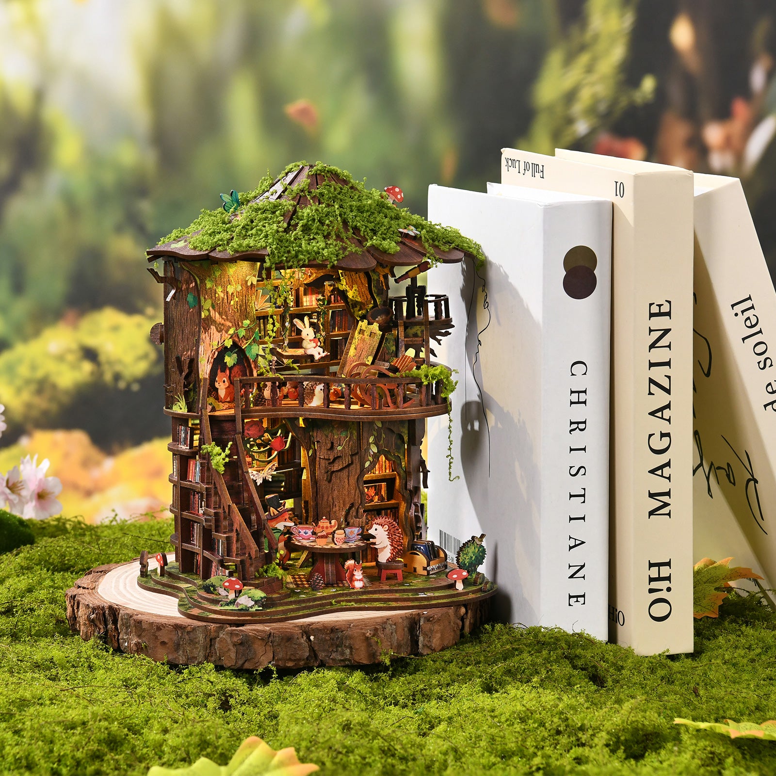 Mokiloy Forest Treehouse Book Nook Kit – 3D Wooden Puzzle with LED Light
