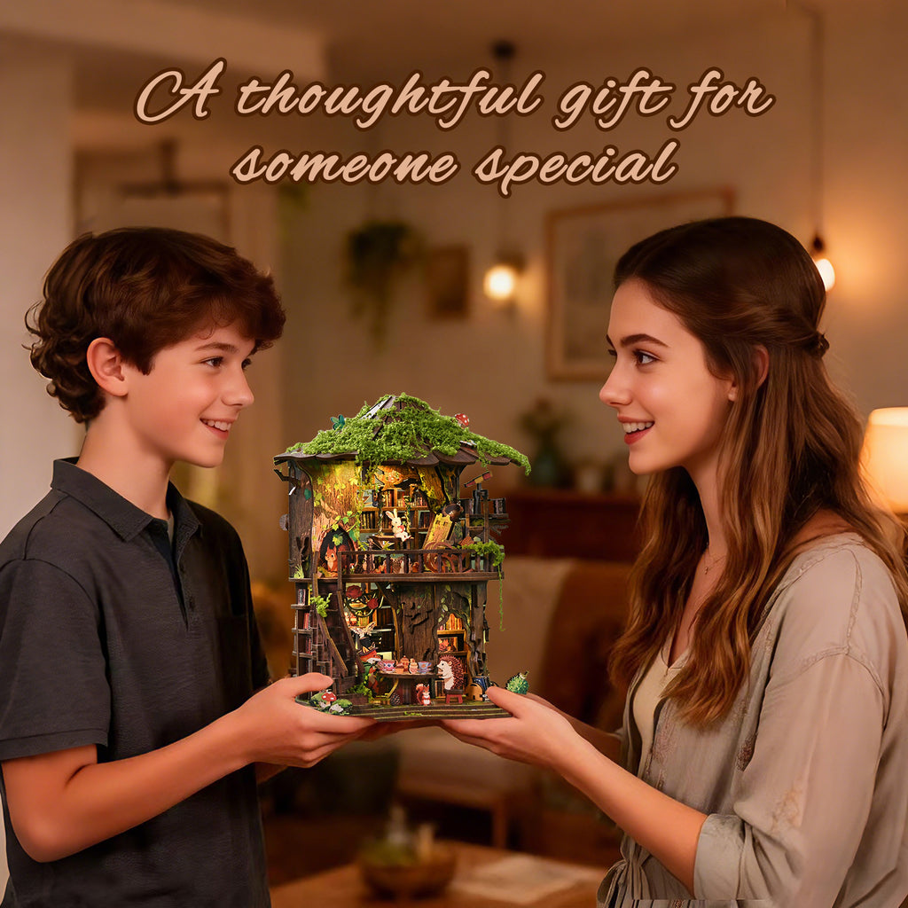 Mokiloy Forest Treehouse Book Nook Kit – 3D Wooden Puzzle with LED Light