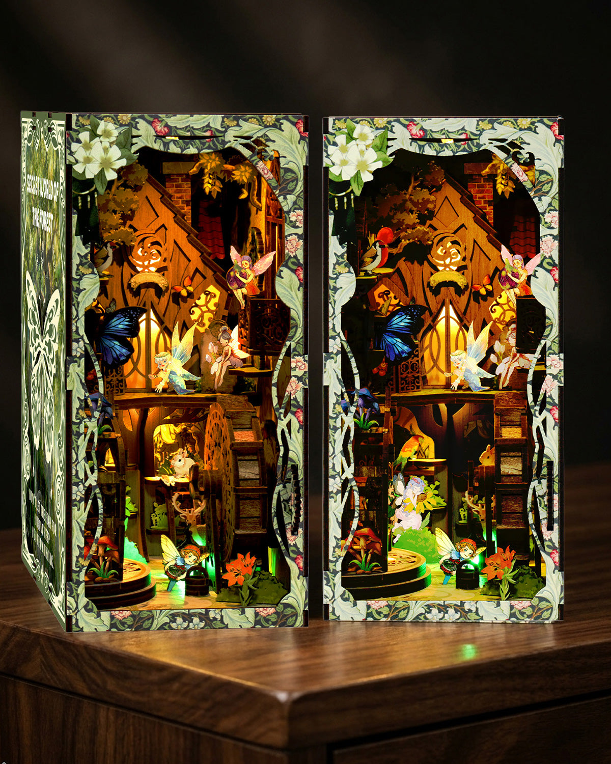 Secret Forest Book Nook – DIY 3D Wooden LED Model with Gear Drive.