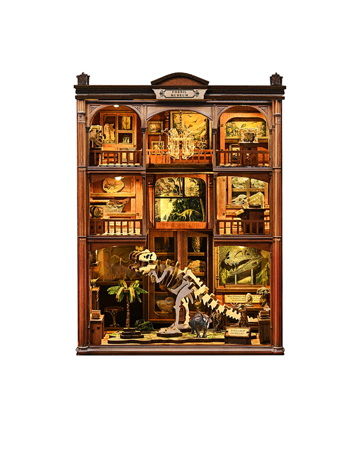 Fossil Museum DIY Book Nook – LED Dinosaur Skeleton with Touch & Crystal Ceiling Light