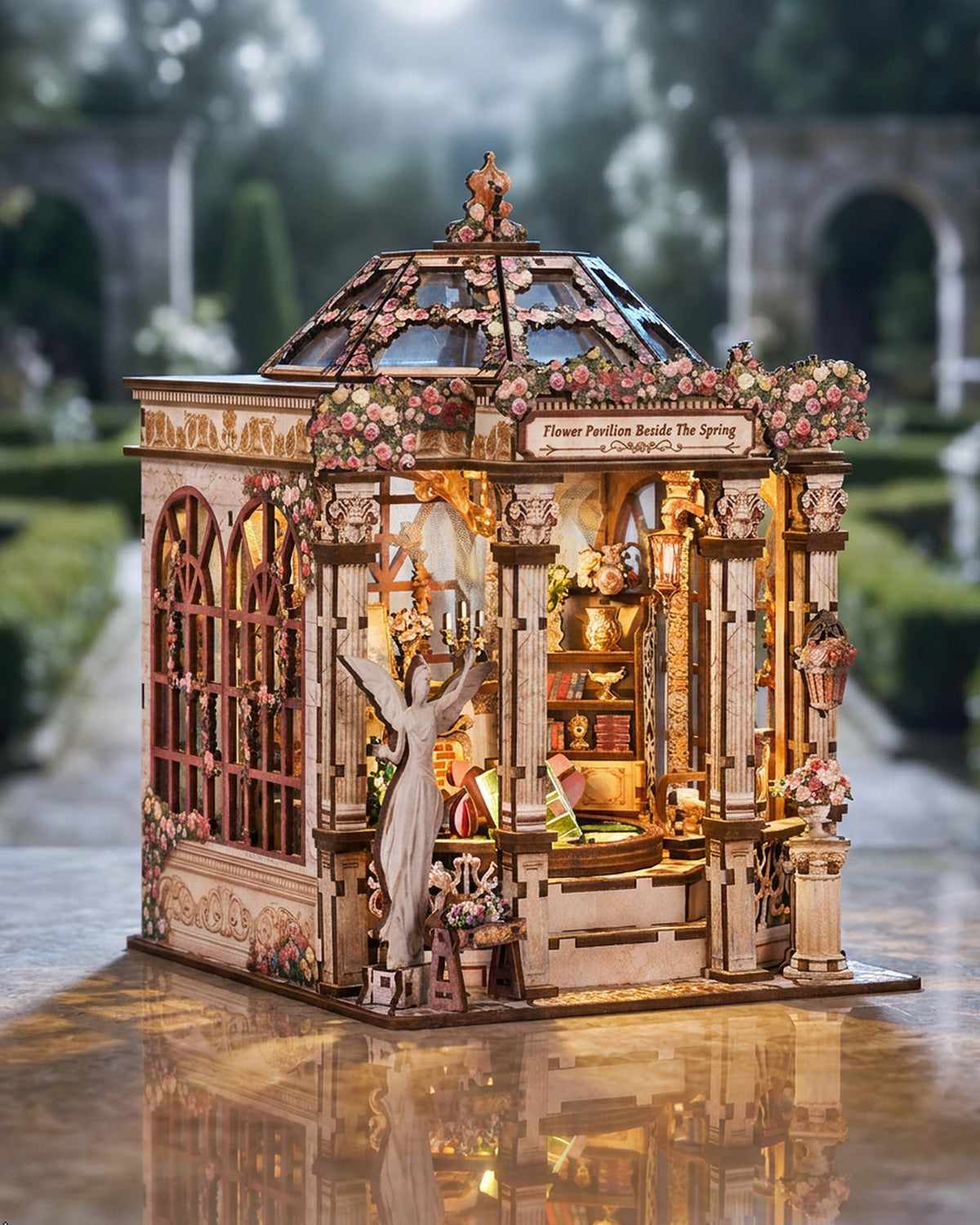 Flower Pavilion Spring Book Nook Kit | Garden Gazebo with LED Angel Statue