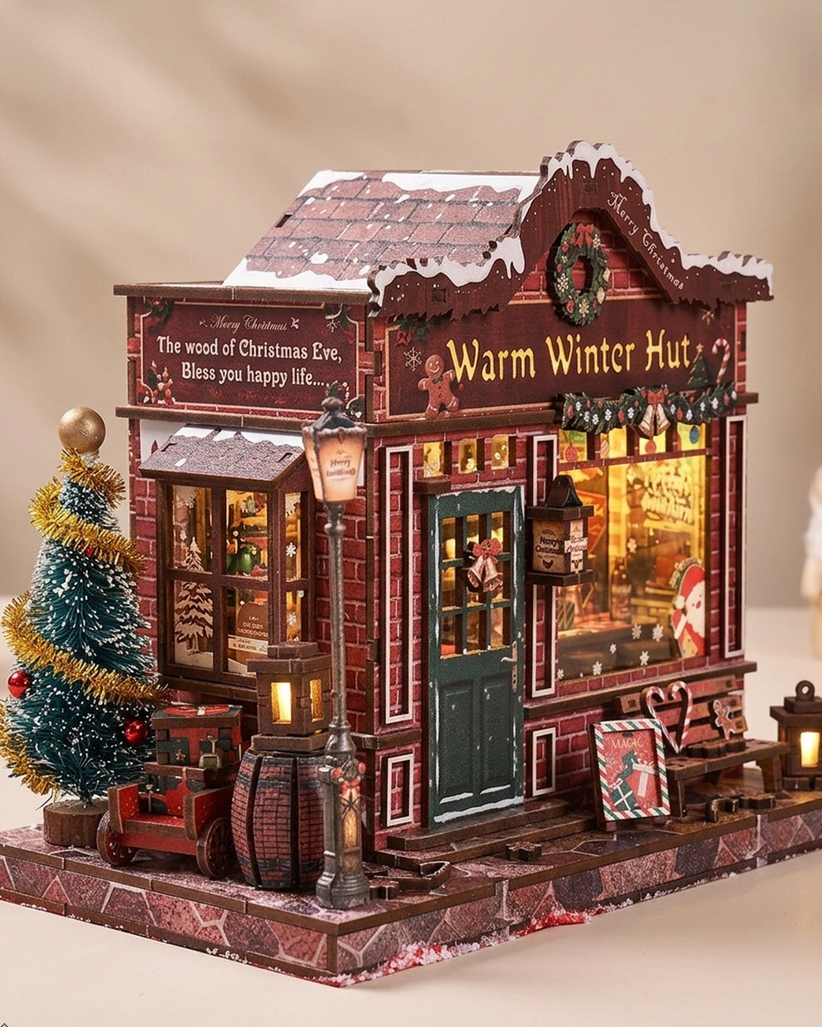 Warm Winter Hut DIY Christmas Village Kit | LED Snowy Cottage Bookshelf Diorama