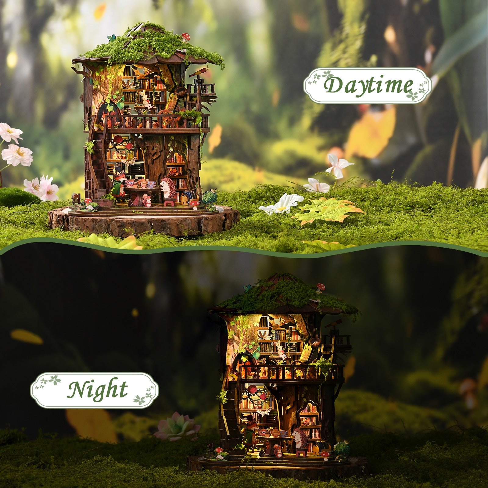 Mokiloy Forest Treehouse Book Nook Kit – 3D Wooden Puzzle with LED Light