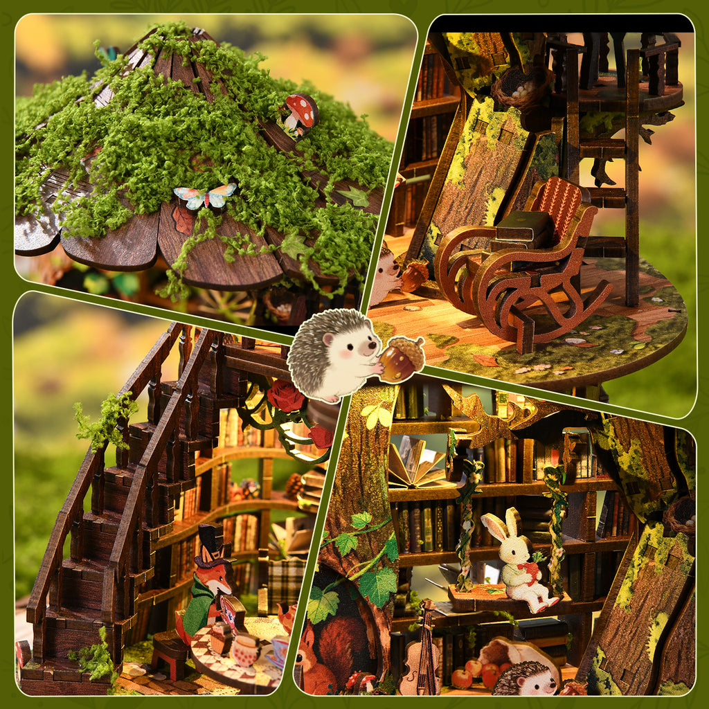 Mokiloy Forest Treehouse Book Nook Kit – 3D Wooden Puzzle with LED Light