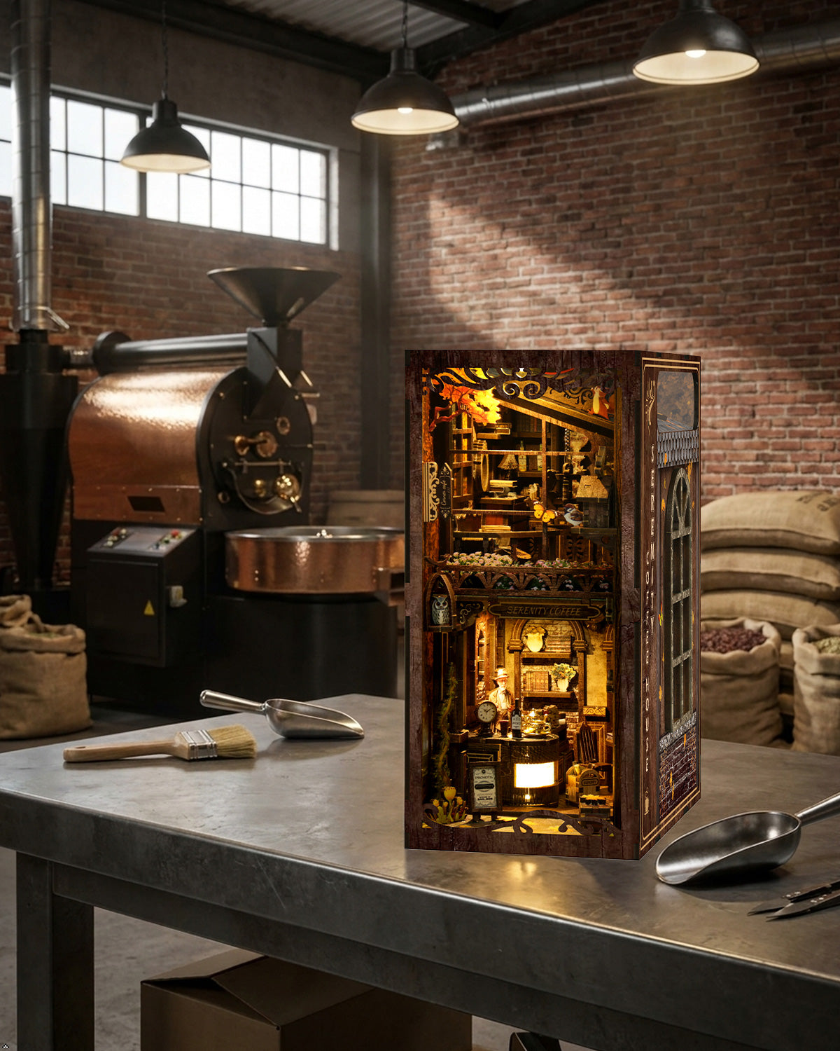 Vintage Café Book Nook with LED Lighting – Wooden DIY Diorama