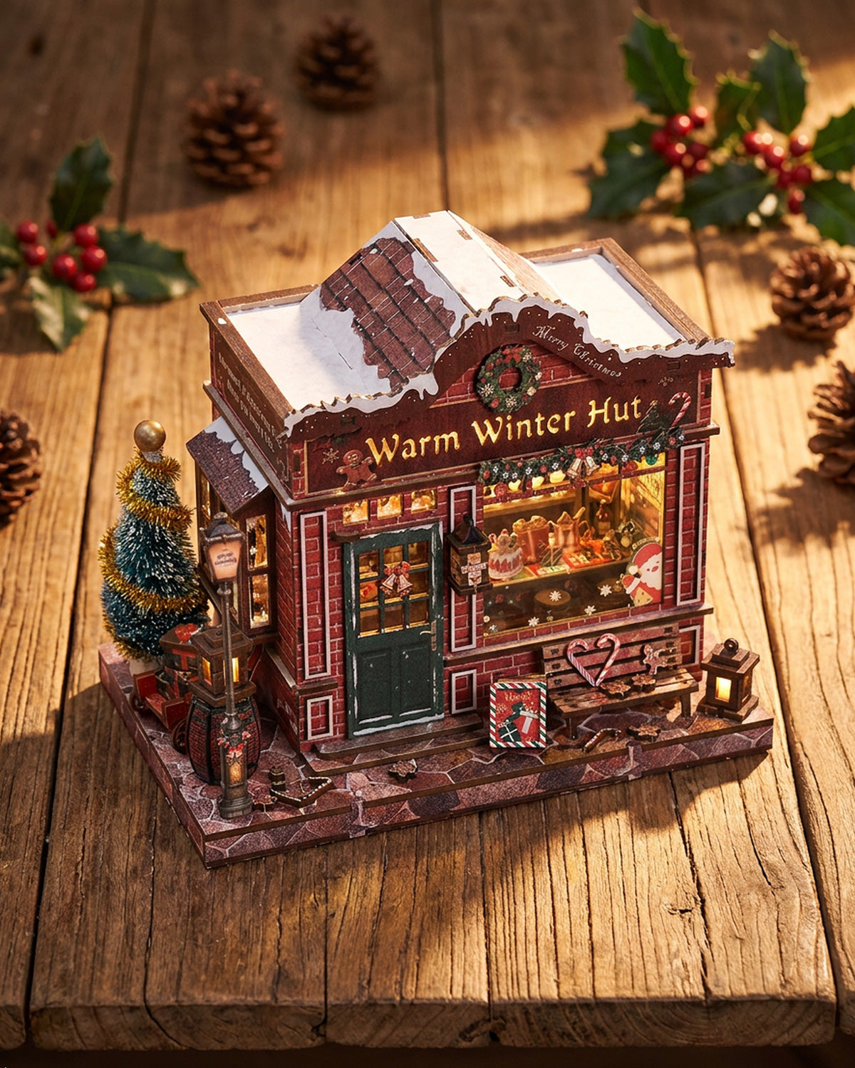 Warm Winter Hut DIY Christmas Village Kit | LED Snowy Cottage Bookshelf Diorama