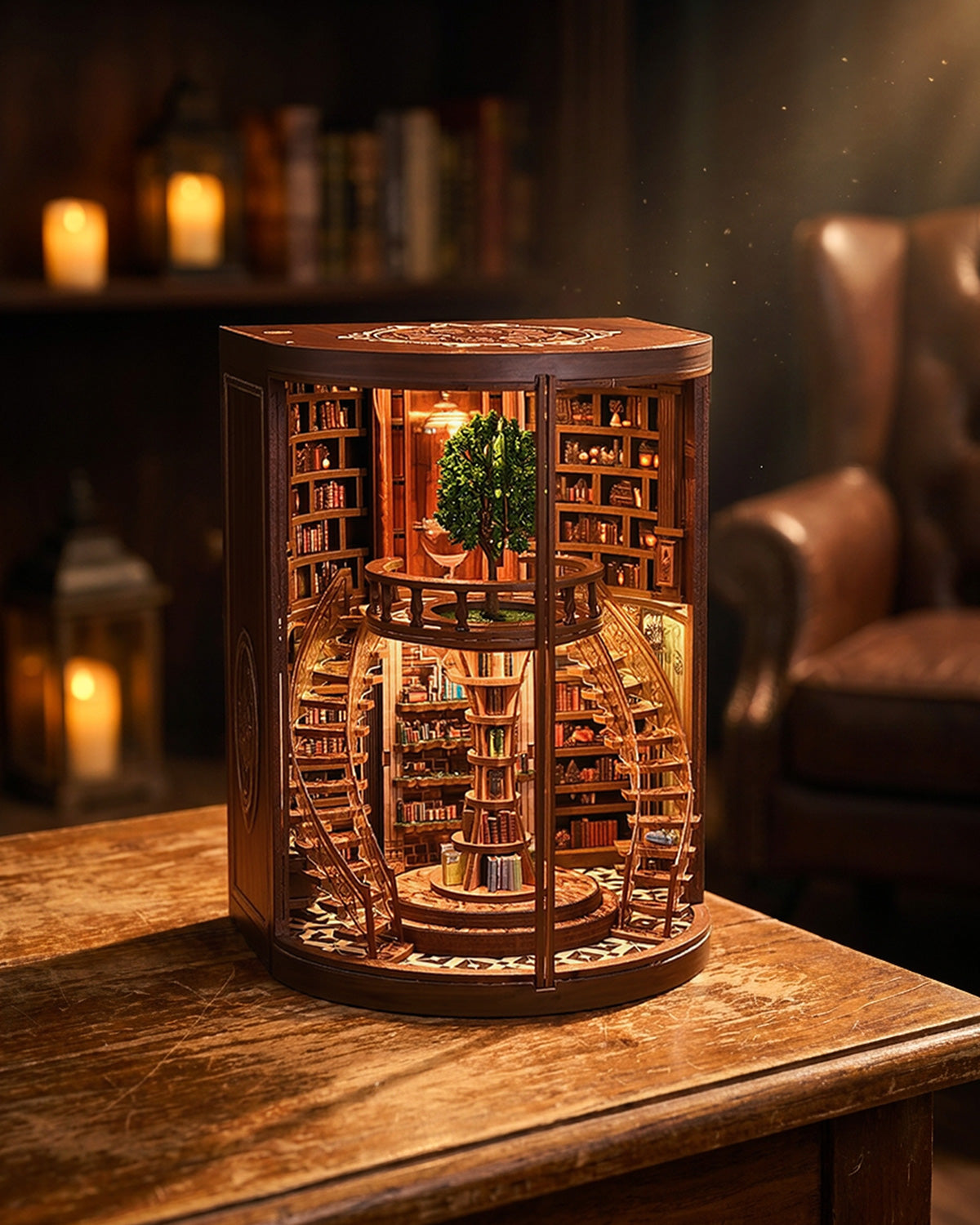 Wisdom Rings Book Nook – LED Rotating Tree, 360° Glass + Touch Switch