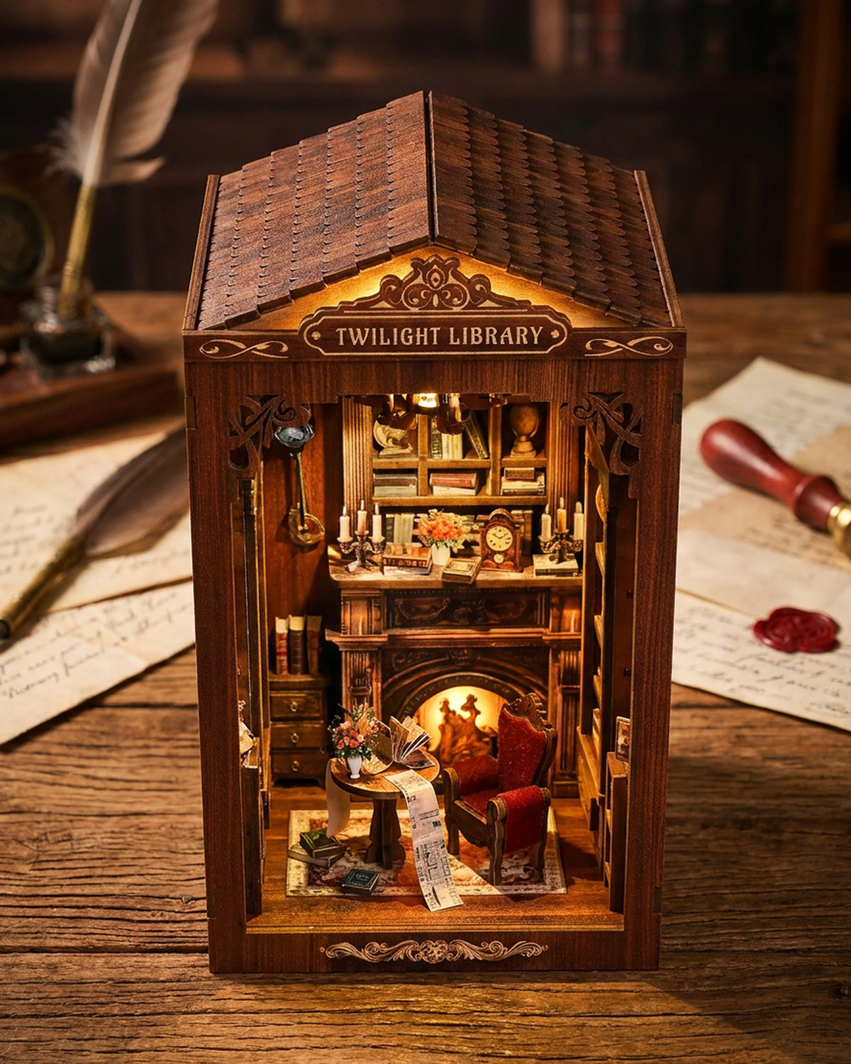Twilight Library – LED Book Nook with Fireplace