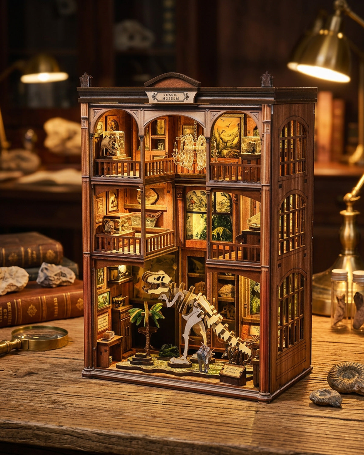 Fossil Museum DIY Book Nook – LED Dinosaur Skeleton with Touch & Crystal Ceiling Light