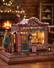 Warm Winter Hut DIY Christmas Village Kit | LED Snowy Cottage Bookshelf Diorama