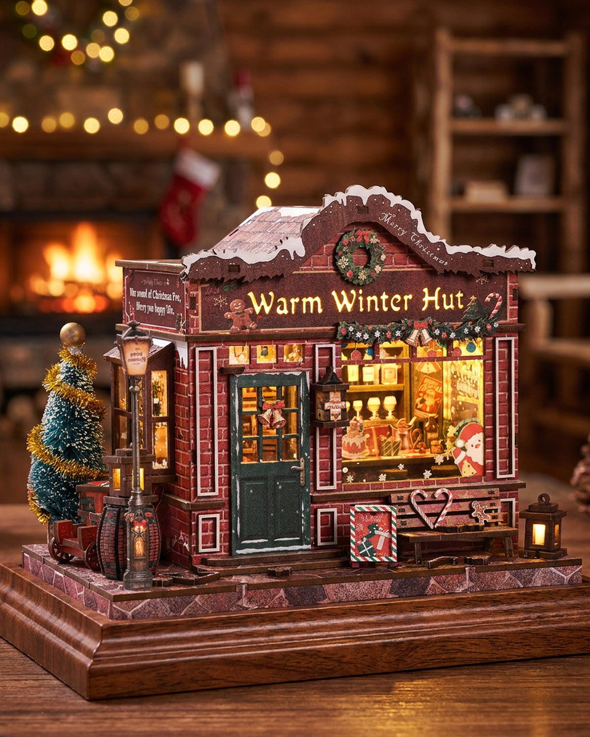 Warm Winter Hut DIY Christmas Village Kit | LED Snowy Cottage Bookshelf Diorama