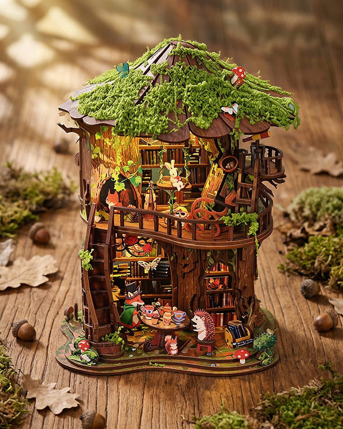 Forest Tea Book Club - LED Treehouse Bookshelf Insert with Fairy Tale Diorama