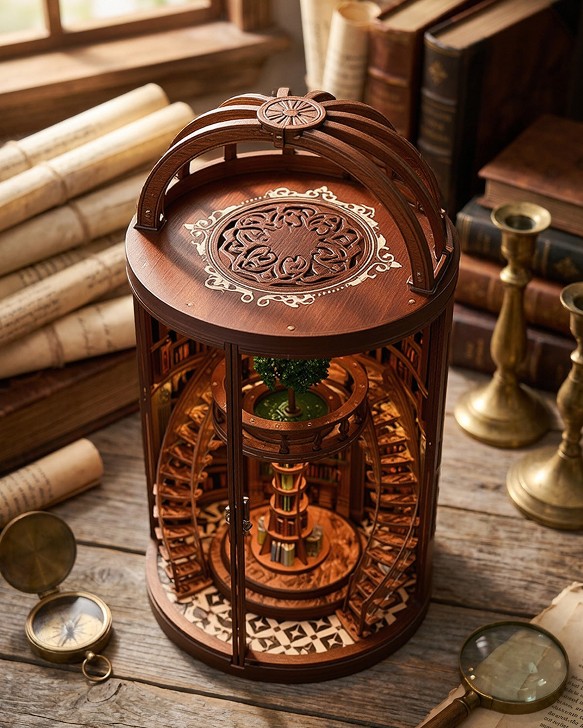 Wisdom Rings Book Nook – LED Rotating Tree, 360° Glass + Touch Switch