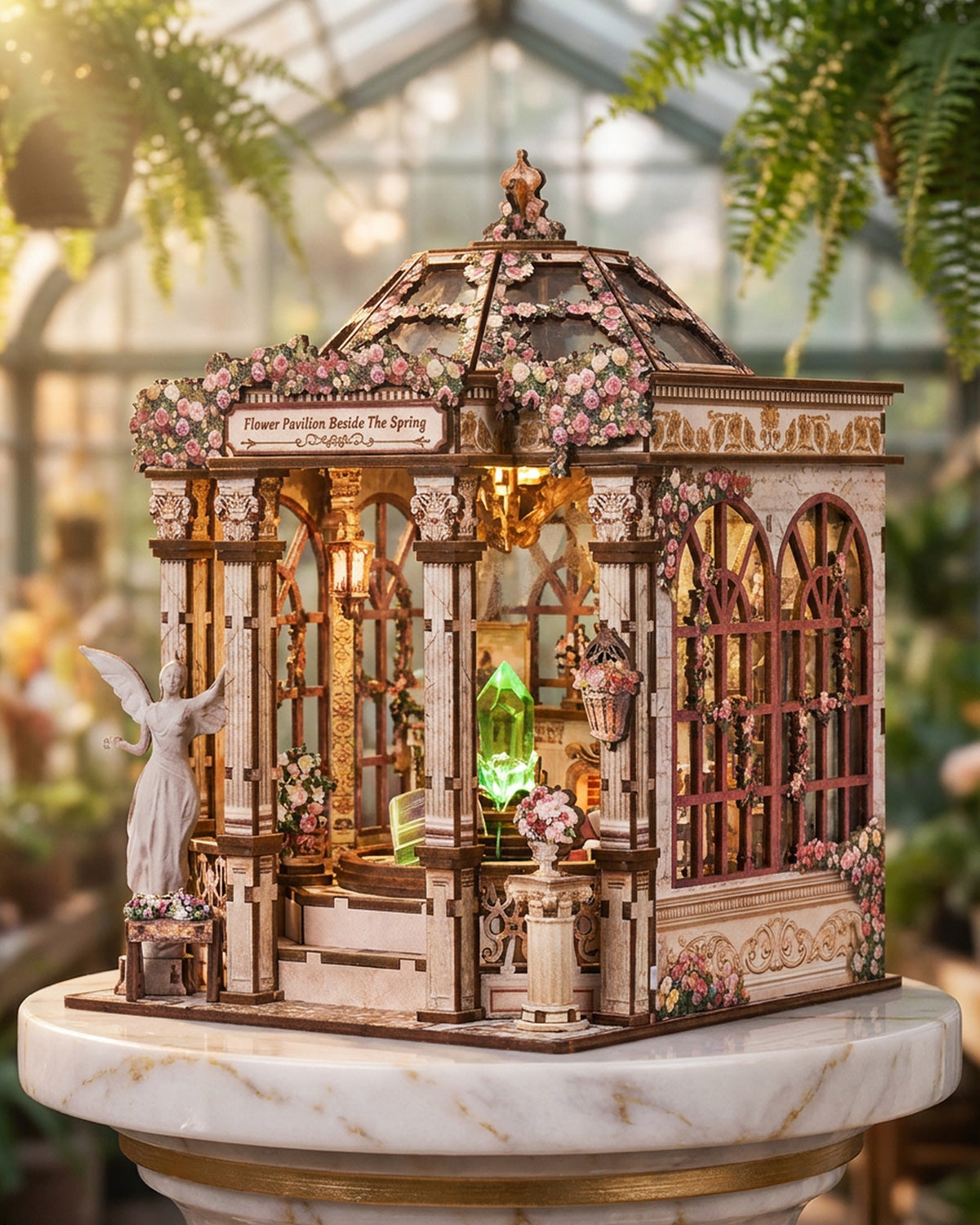Flower Pavilion Spring Book Nook Kit | Garden Gazebo with LED Angel Statue
