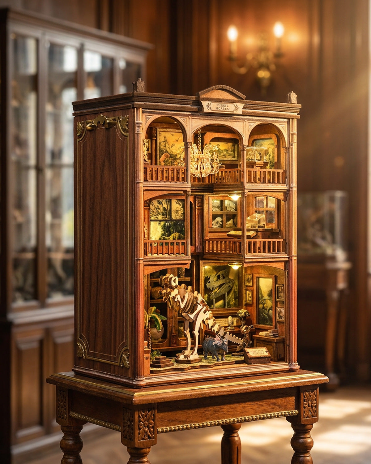 Fossil Museum DIY Book Nook – LED Dinosaur Skeleton with Touch & Crystal Ceiling Light