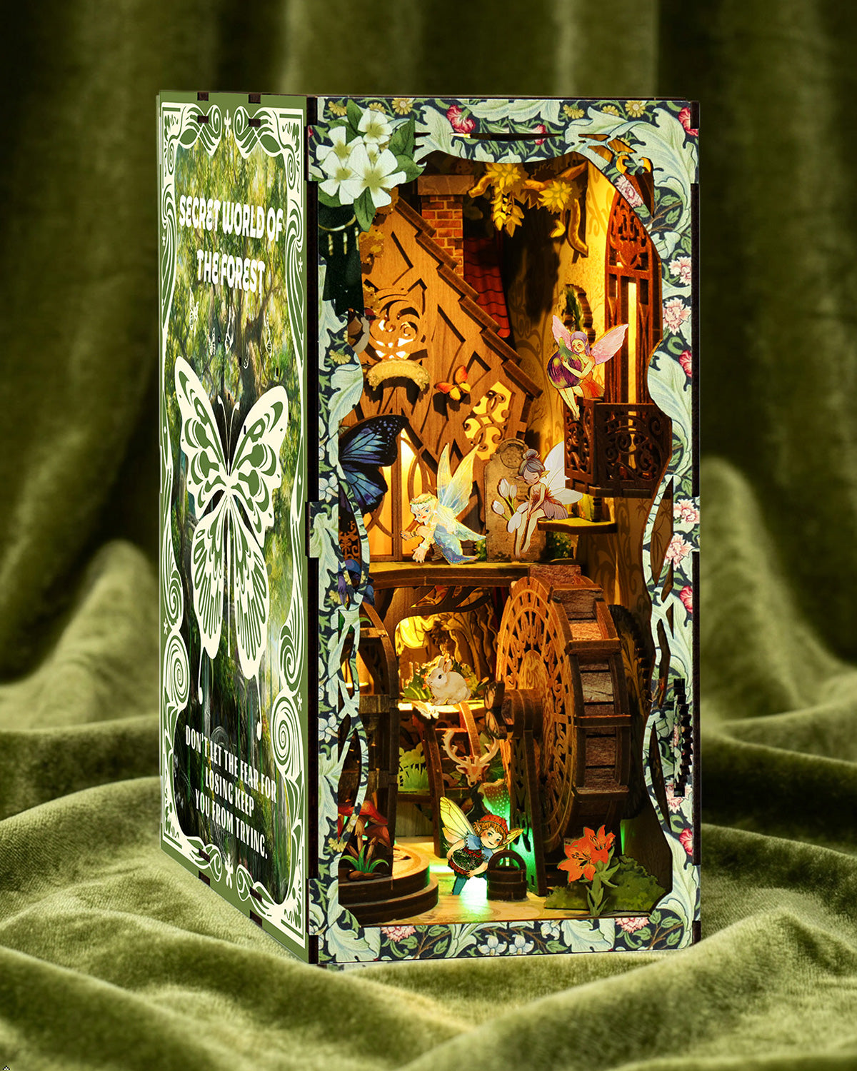 Secret Forest Book Nook – DIY 3D Wooden LED Model with Gear Drive.