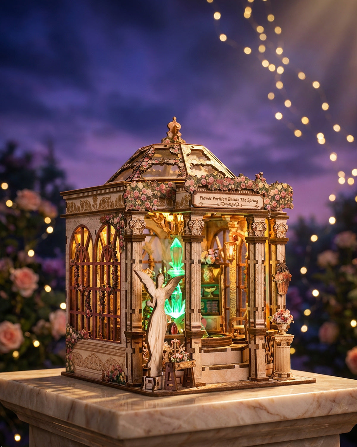 Flower Pavilion Spring Book Nook Kit | Garden Gazebo with LED Angel Statue