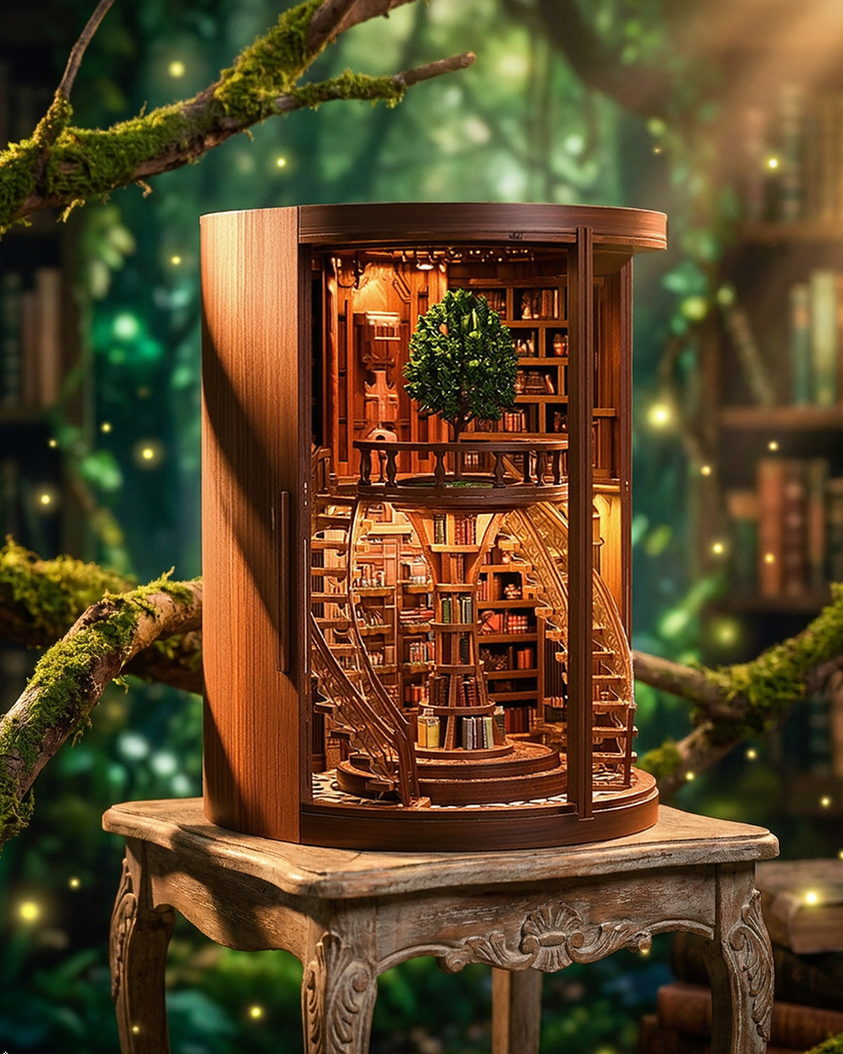 Wisdom Rings Book Nook – LED Rotating Tree, 360° Glass + Touch Switch