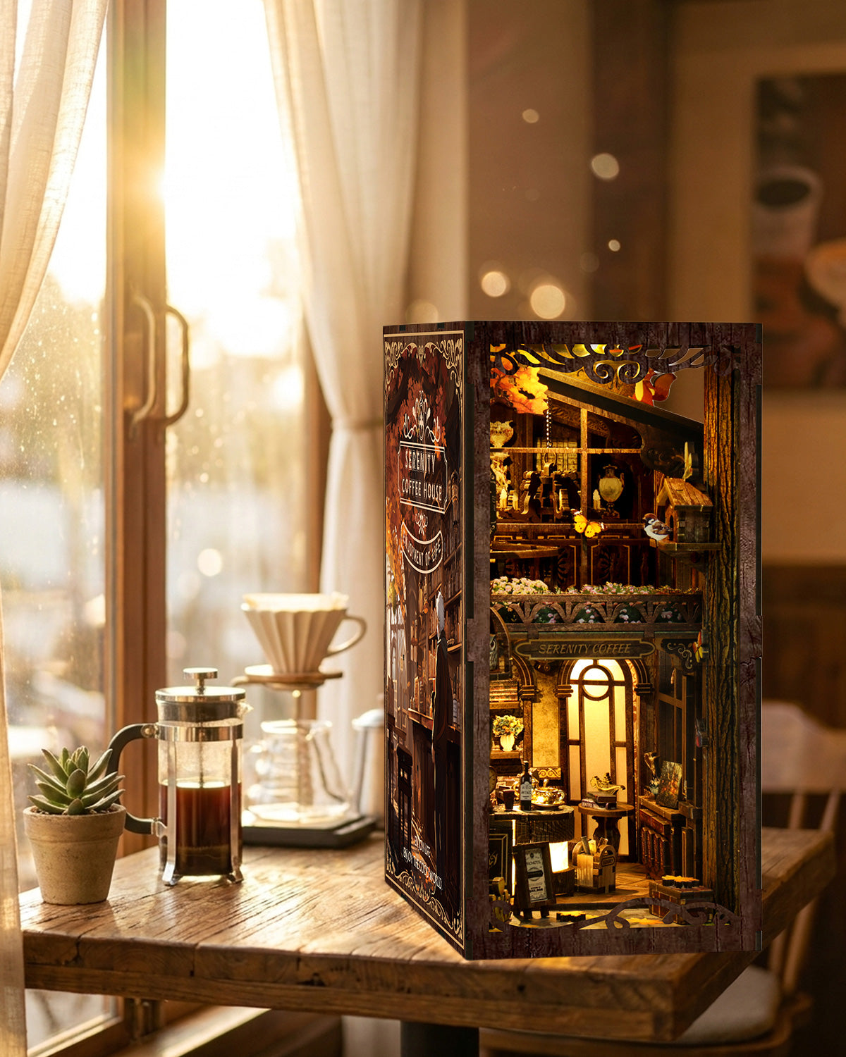 Vintage Café Book Nook with LED Lighting – Wooden DIY Diorama