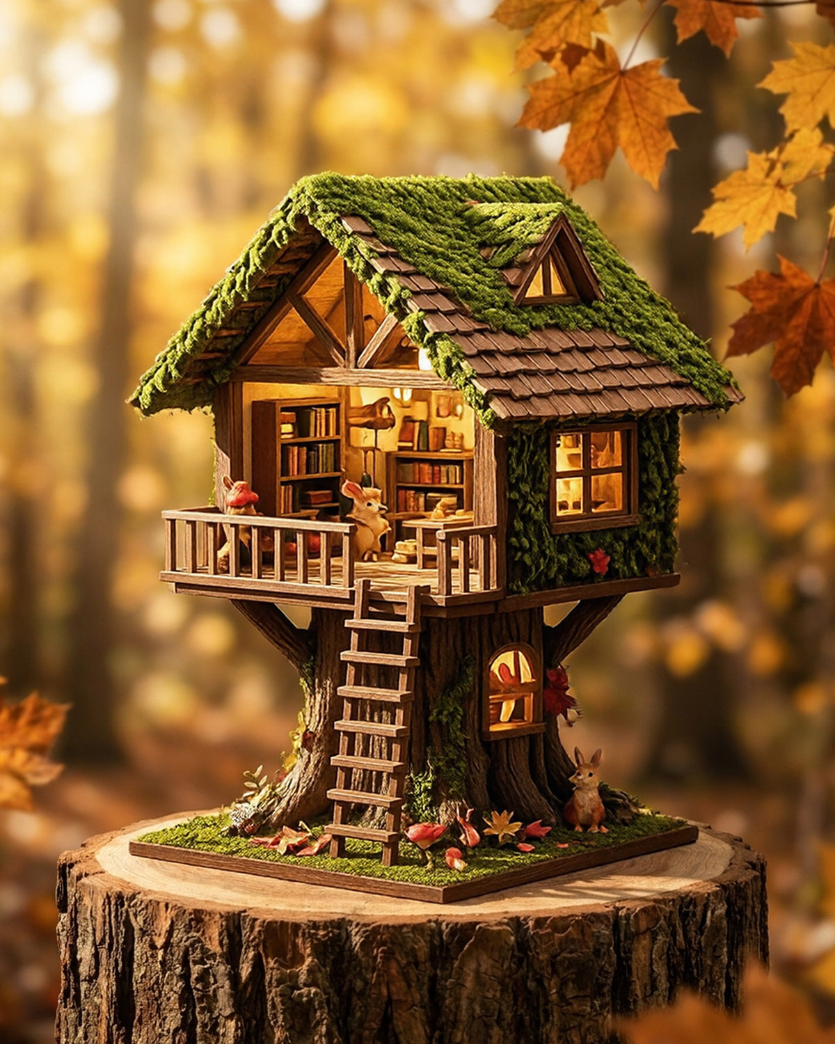 Forest Tea Book Club - LED Treehouse Bookshelf Insert with Fairy Tale Diorama