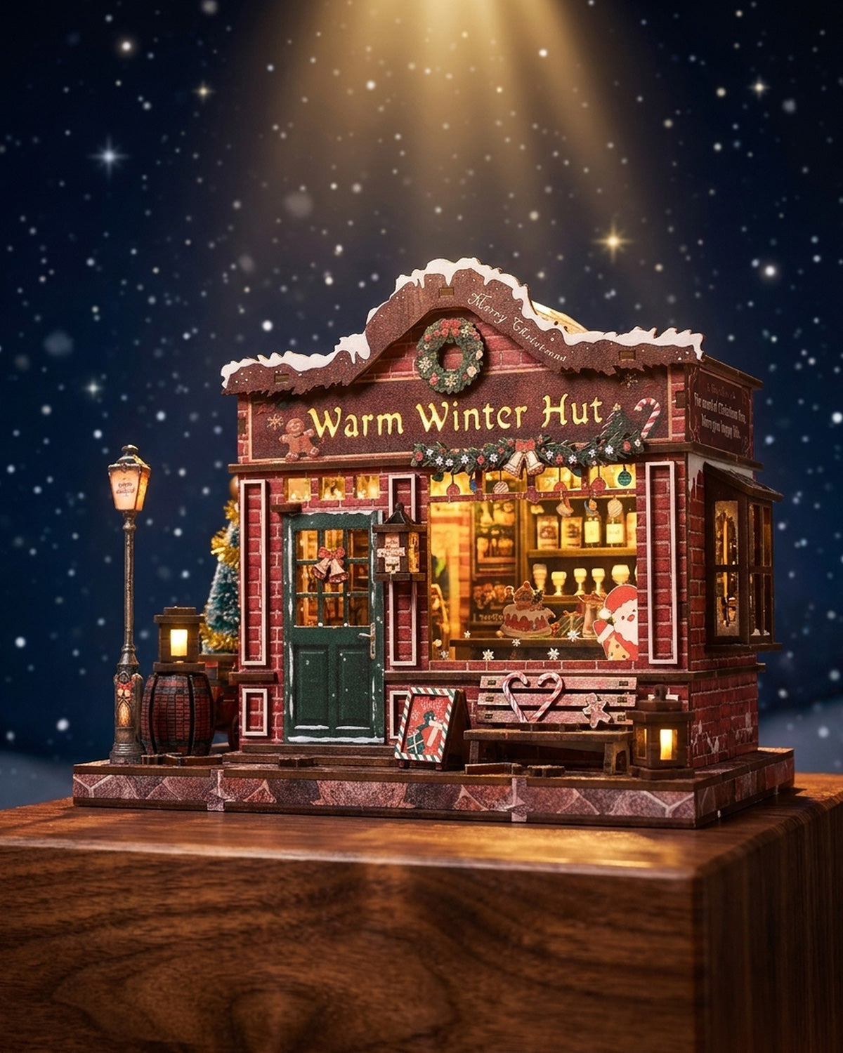 Warm Winter Hut DIY Christmas Village Kit | LED Snowy Cottage Bookshelf Diorama