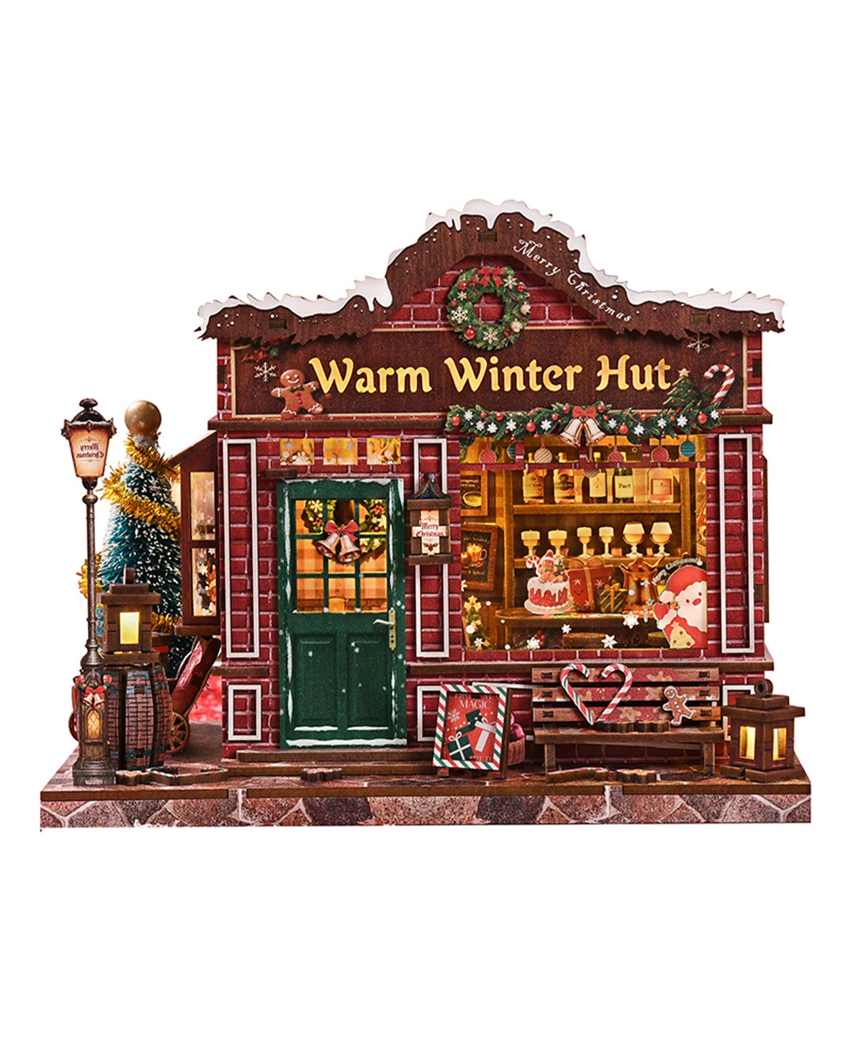 Warm Winter Hut DIY Christmas Village Kit | LED Snowy Cottage Bookshelf Diorama